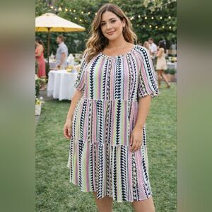 Savanna Jane Midi Dress Round Neck Summer Geometric Print Multicolor Size 2X